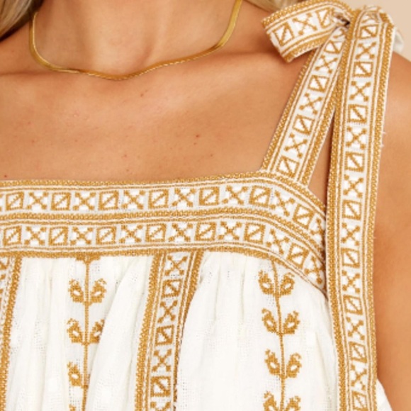 Cleobella Lacey Mini Dress w Tie Straps Side pockets Ivory & Brown Embroidered-S - Picture 2 of 15